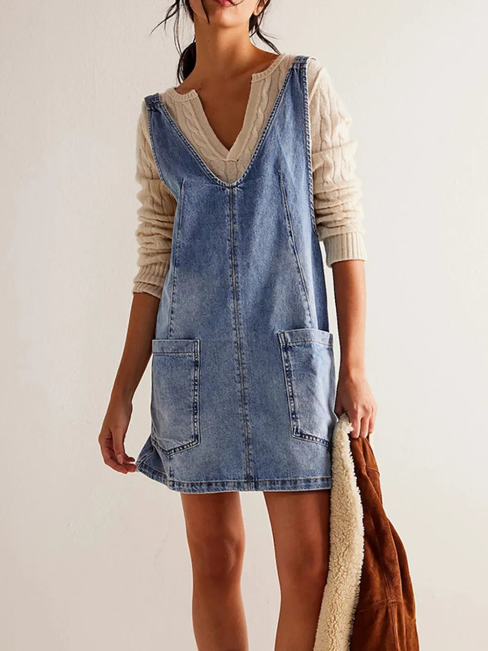 Denim Romper Dress with Front Pockets